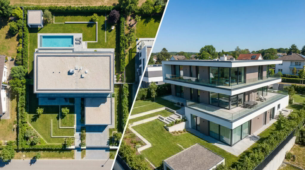 Zwei Perspektiven, ein Ziel: Senkrechtaufnahmen für den Überblick, Schrägluftbilder für die Wirkung.